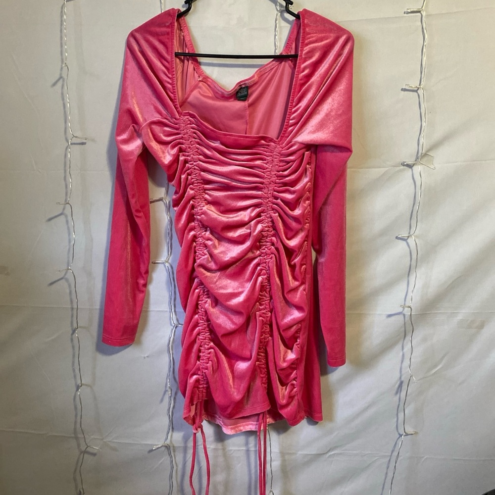 Pink Ruched Long Sleeve Dress